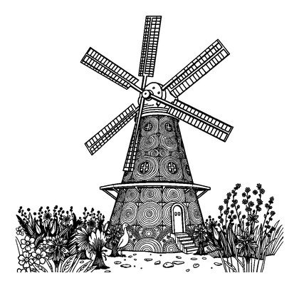 Windmill Kinderdijk Colouring Page (Teens, Intricate)