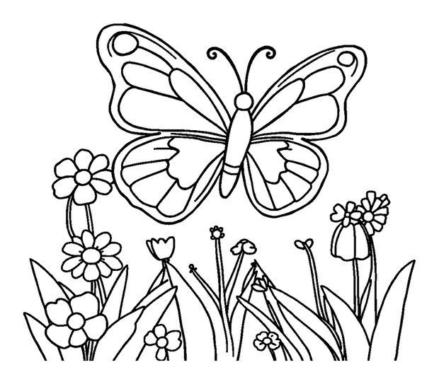 Butterfly Garden colouring page — free printable for toddlers
