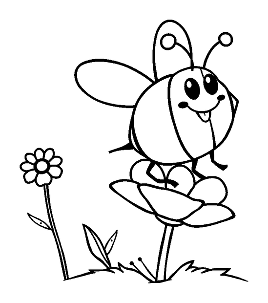 Happy Bee Flower Landing colouring page — free printable for kids