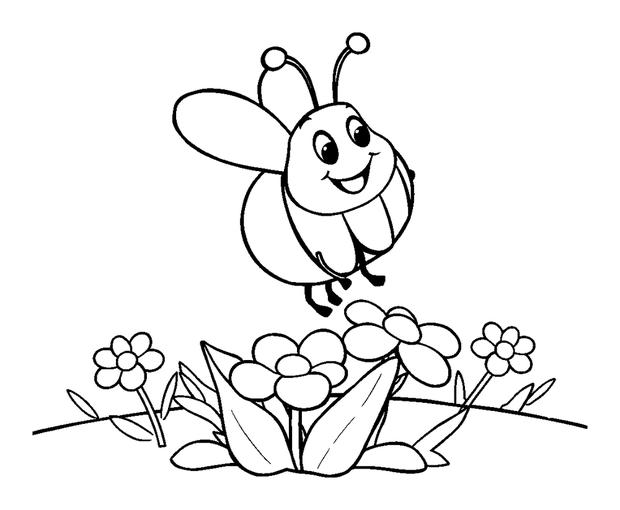 Happy Bee Flower Landing colouring page — free printable for kids