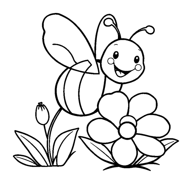 Happy Bee Flower Landing colouring page — free printable for toddlers