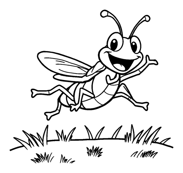 Happy Grasshopper Jump colouring page — free printable for kids