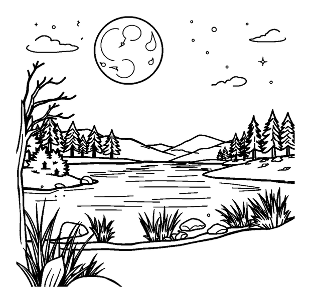 Moonlit Lake colouring page — free printable for kids