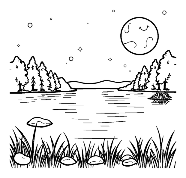 Moonlit Lake colouring page — free printable for kids
