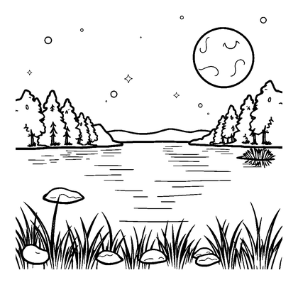 Moonlit Lake Colouring Page (Kids, Standard)