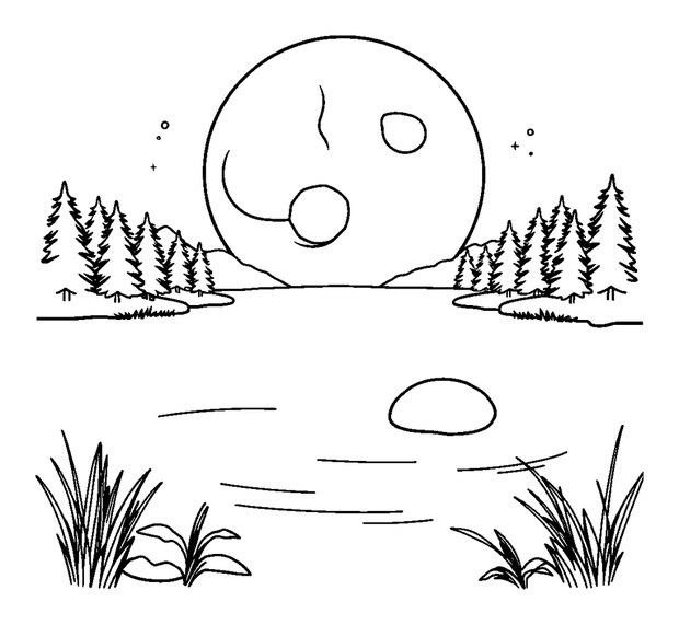 Moonlit Lake colouring page — free printable for toddlers