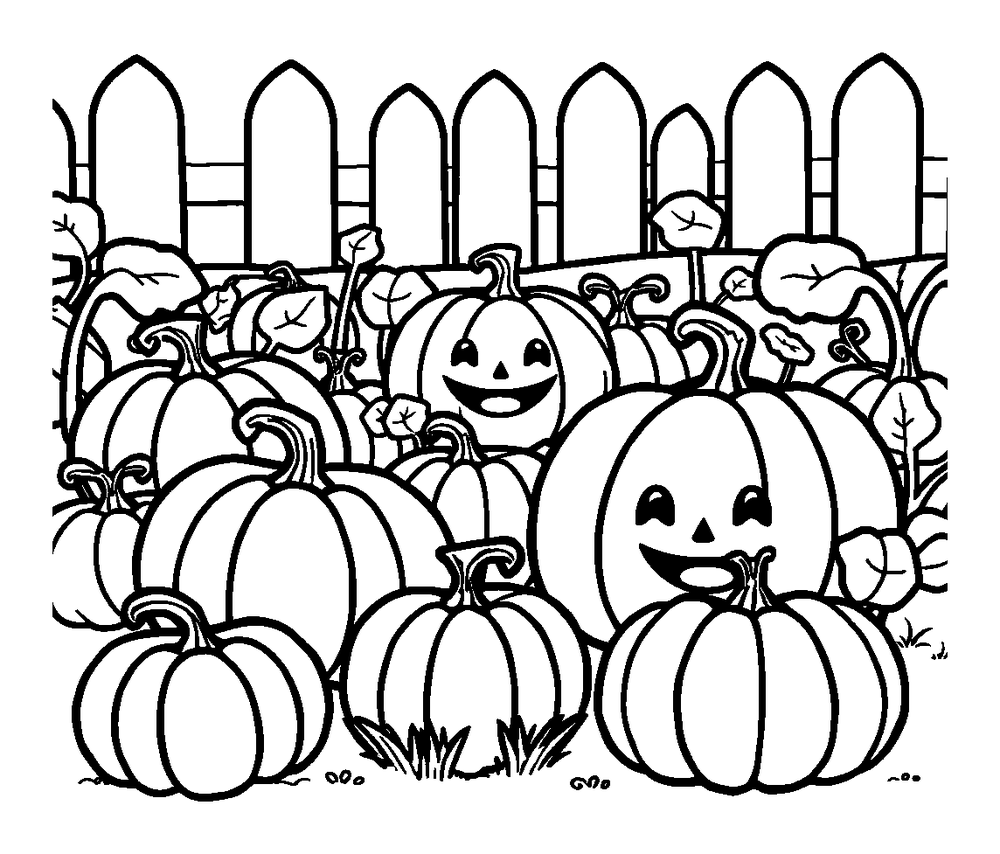 Pumpkin Patch colouring page — free printable for kids