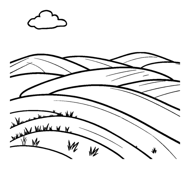 Rolling Hills colouring page — free printable for kids