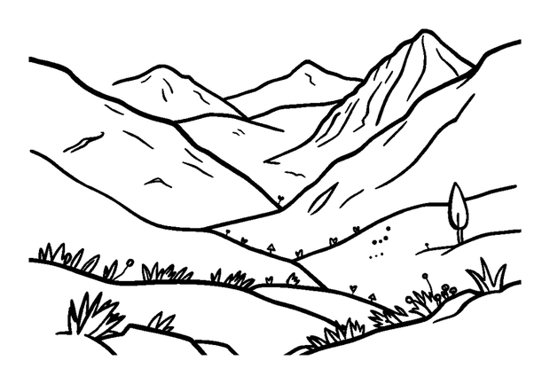 Valley colouring page — free printable for kids