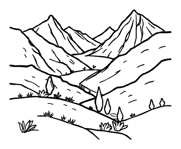 Valley colouring page — free printable for kids