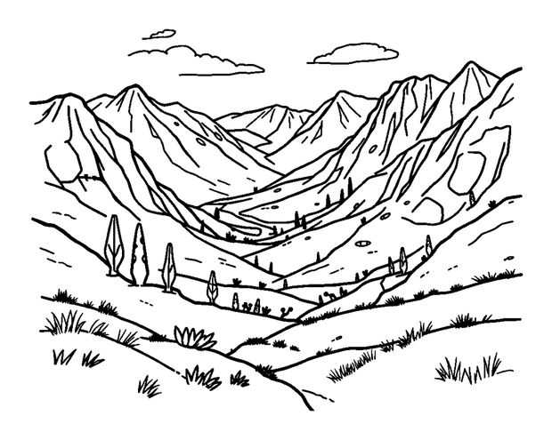 Valley colouring page — free printable for toddlers