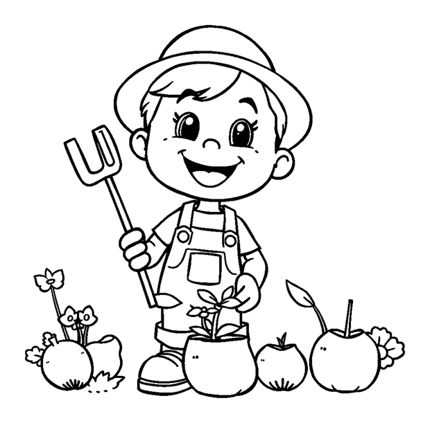 Gardener colouring page — free printable for kids