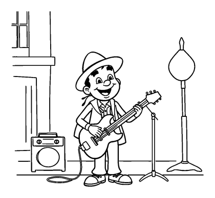 Street Musician Colouring Page (Kids, Bold & Easy)