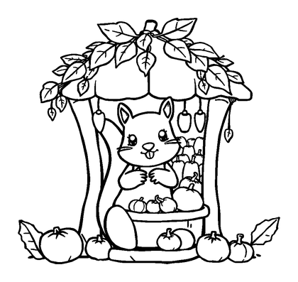 Autumn Acorn Squirrel Store Colouring Page (Kids, Bold & Easy)