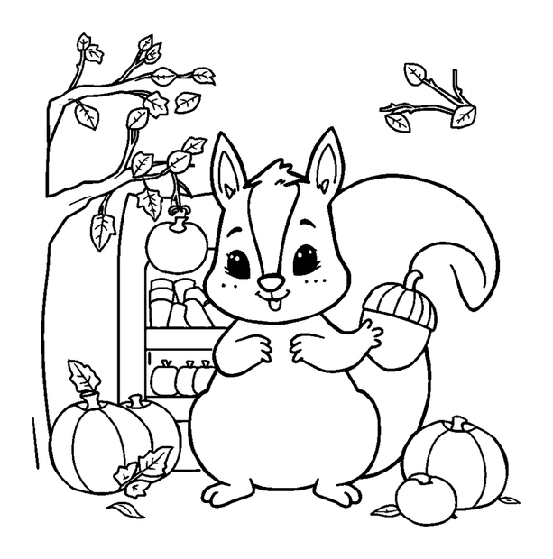 Autumn Acorn Squirrel Store colouring page — free printable for toddlers