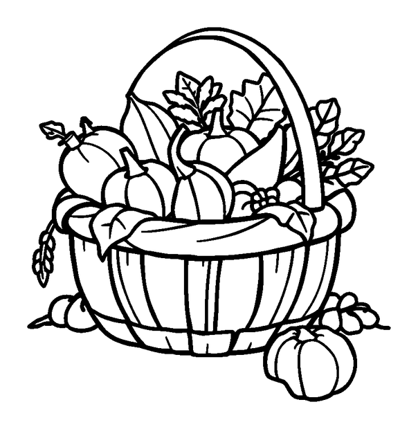 Autumn Harvest Basket colouring page — free printable for kids