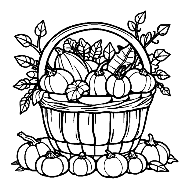 Autumn Harvest Basket colouring page — free printable for kids