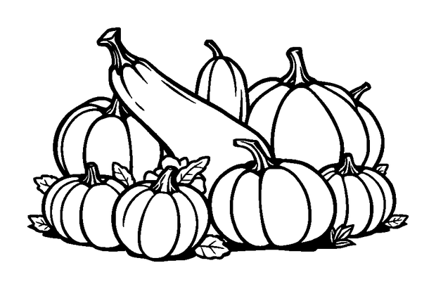 Autumn Squash Harvest colouring page — free printable for kids