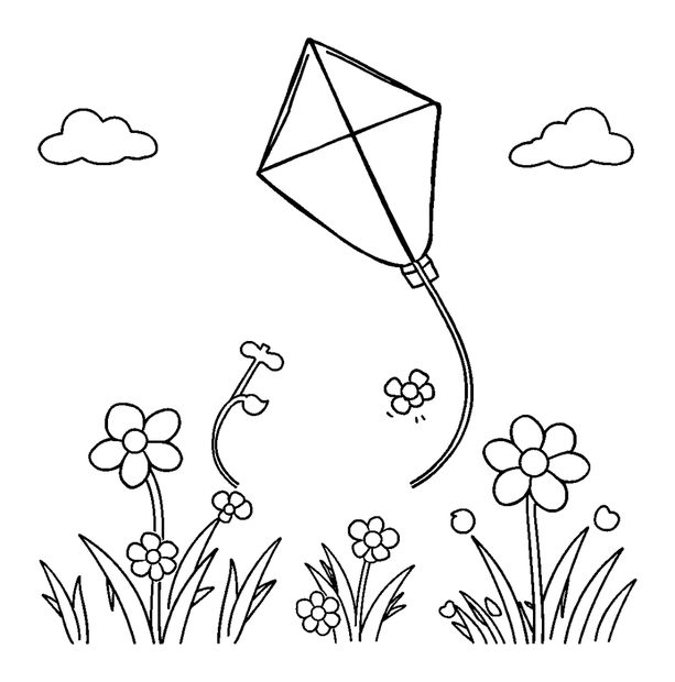Kite In Spring colouring page — free printable for toddlers