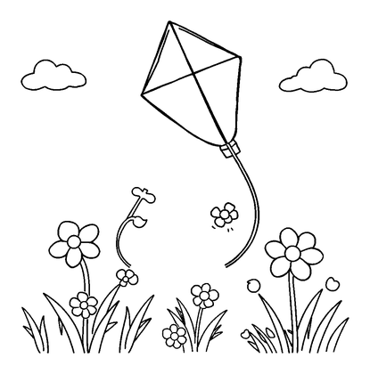 Kite In Spring Colouring Page (Toddler, Bold & Easy)