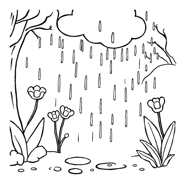 Rainy Spring Day colouring page — free printable for kids