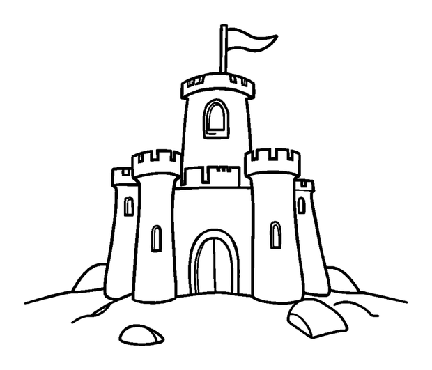 Sandcastle colouring page — free printable for kids