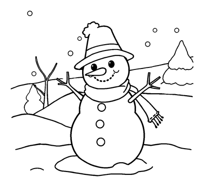 Snowman Scene Colouring Page (Kids, Bold & Easy)