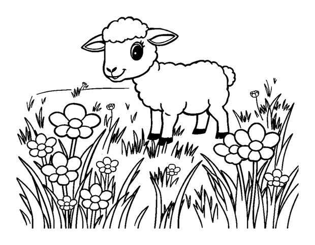 Spring Lambs Field colouring page — free printable for kids