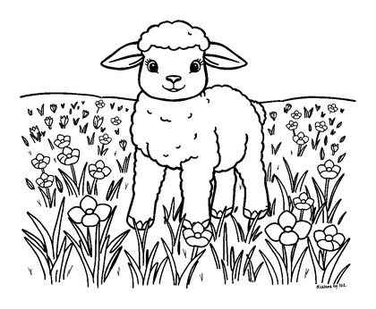 Spring Lambs Field Colouring Page (Toddler, Bold & Easy)
