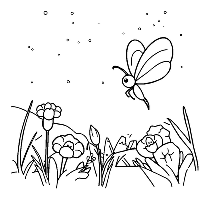 Summer Firefly Dusk Colouring Page (Kids, Bold & Easy)