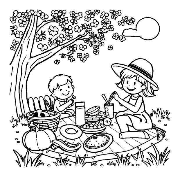 Summer Picnic colouring page — free printable for kids