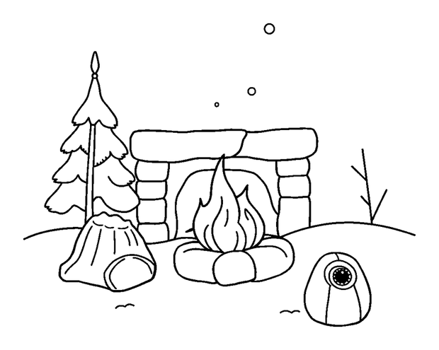 Winter Fireside colouring page — free printable for kids