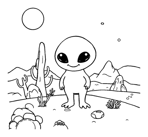 Alien Landscape colouring page — free printable for toddlers