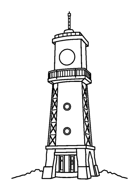 Launch Tower colouring page — free printable for toddlers