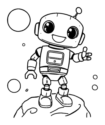Robot On The Moon Colouring Page (Toddler, Bold & Easy)