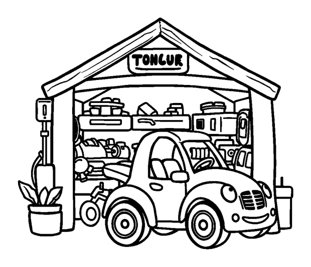 Toy Garage colouring page — free printable for kids