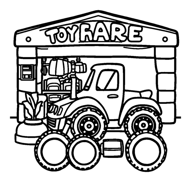 Toy Garage colouring page — free printable for kids