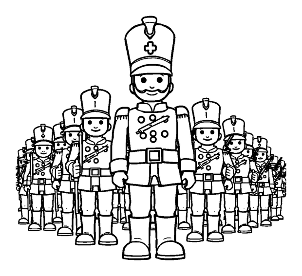Toy Soldier Parade colouring page — free printable for toddlers
