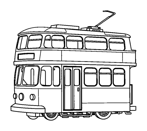 Double Decker Tram colouring page — free printable for kids