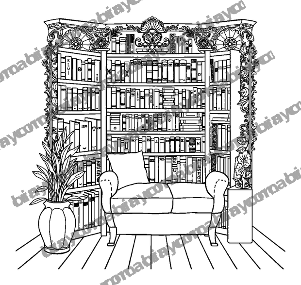 Cosy Bookshelf Corner colouring page — free printable for adults