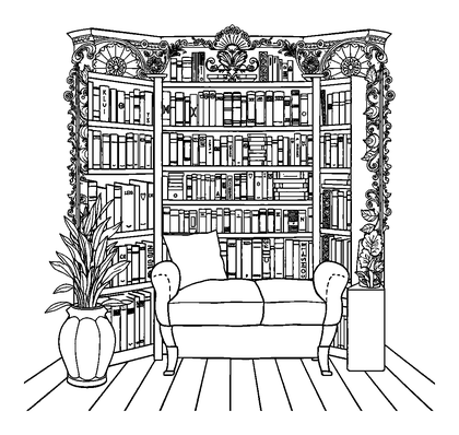 Cosy Bookshelf Corner Colouring Page (Adults, Intricate)