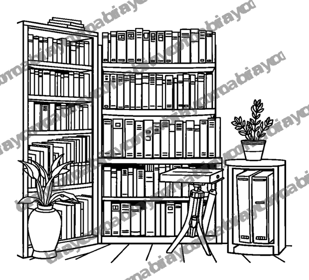 Cosy Bookshelf Corner colouring page — free printable for adults