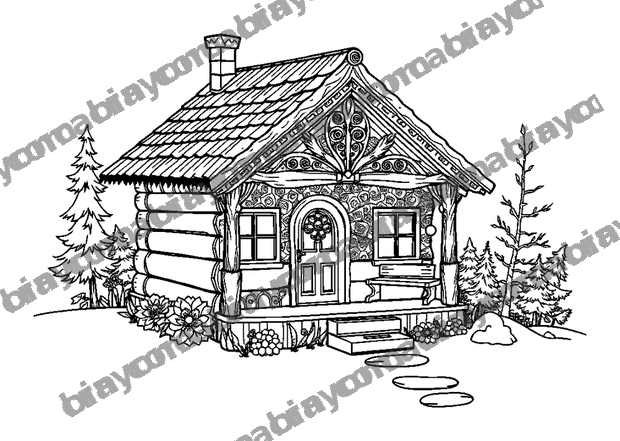 Cosy Cabin colouring page — free printable for adults