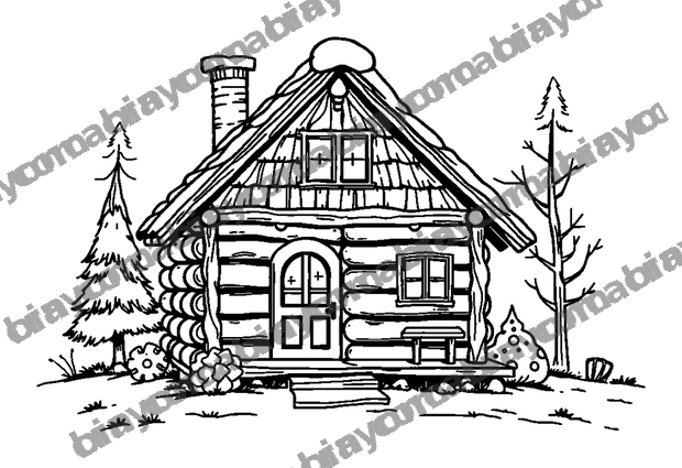 Cosy Cabin colouring page — free printable for teens