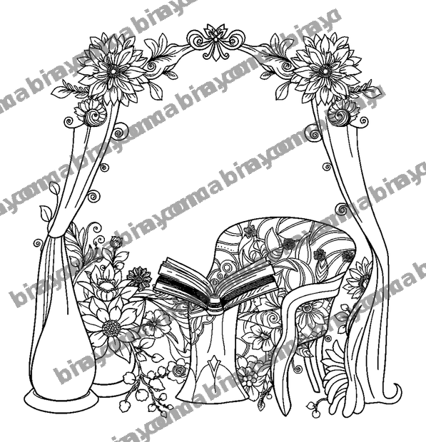 Cosy Reading Nook colouring page — free printable for adults