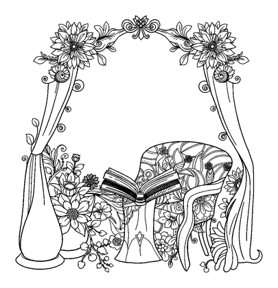 Cosy Reading Nook Colouring Page (Adults, Intricate)