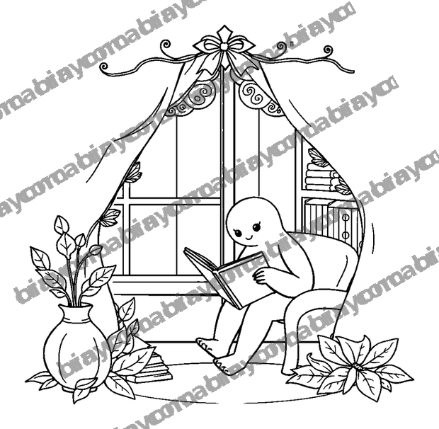 Cosy Reading Nook colouring page — free printable for adults
