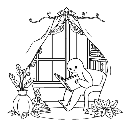 Cosy Reading Nook Colouring Page (Adults, Standard)