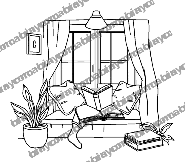 Cosy Reading Nook colouring page — free printable for teens