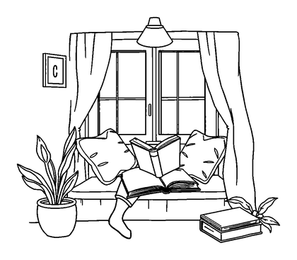 Cosy Reading Nook Colouring Page (Teens, Standard)